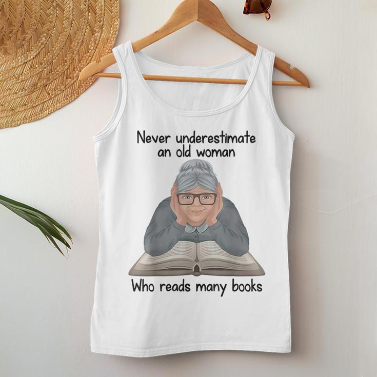 Never Underestimate An Old Woman Who Read Many Book Women Tank Top Unique Gifts