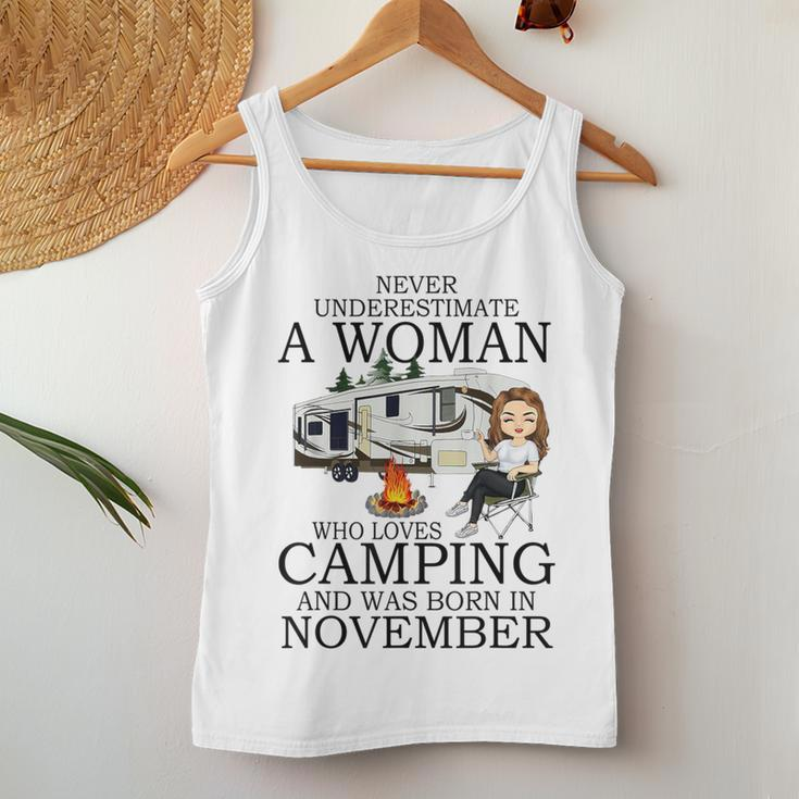 Never Underestimate A Woman Who Loves Camping November Women Tank Top Funny Gifts