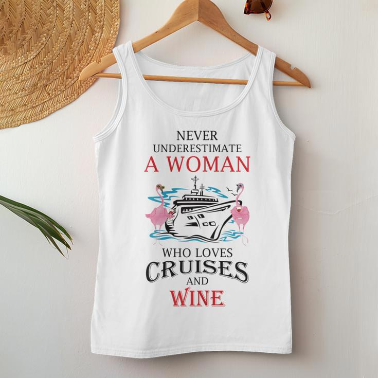 Never Underestimate Woman Who Loves Cruises & Wine Flamingo Women Tank Top Unique Gifts