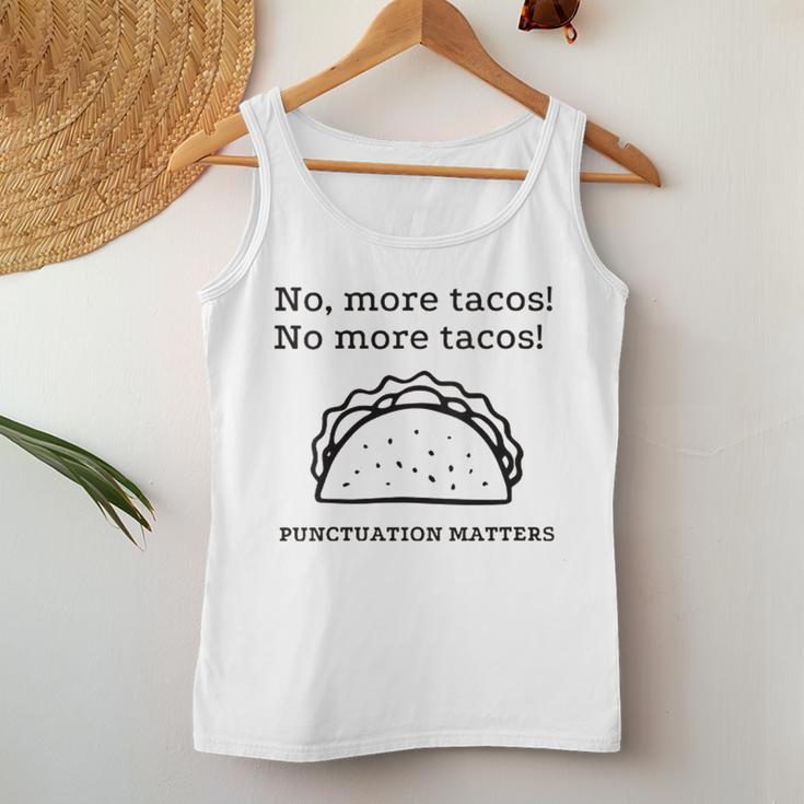 Womens No More Tacos Punctuation Matters Funny Taco English Teacher Women Tank Top Basic Casual Daily Weekend Graphic Personalized Gifts
