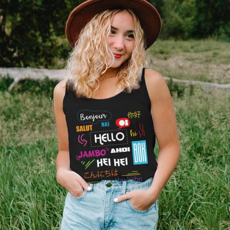 Hello In Different Languages Travel Tourism Language Teacher Women Tank Top Gifts for Her