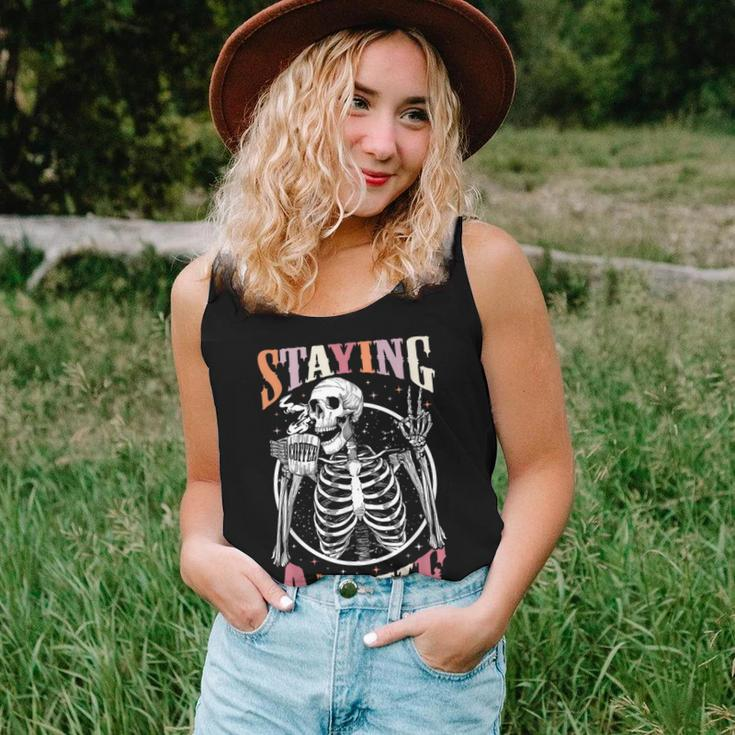 Staying Alive Skeleton Drinking Coffee Lover Halloween Women Tank Top Gifts for Her