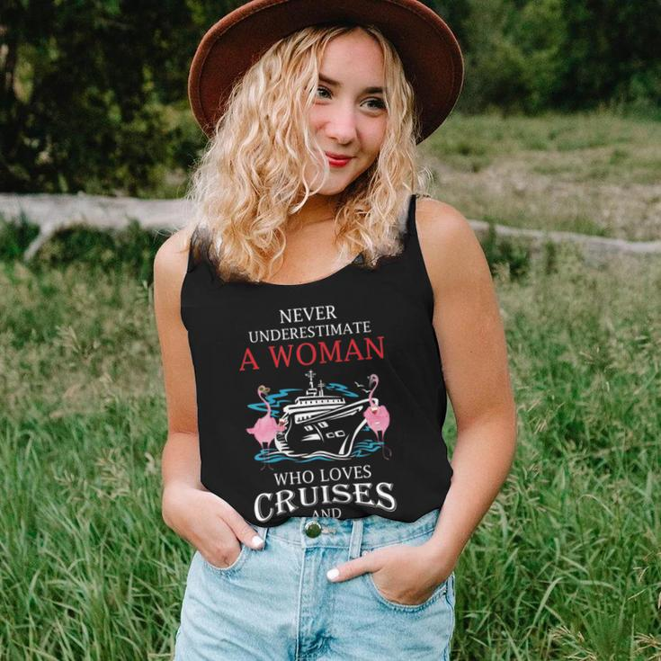 Never Underestimate A Woman Loves Cruises And Wine Flamingo Women Tank Top Gifts for Her