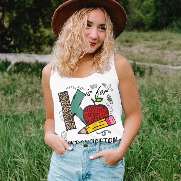 K Is For Kindergarten Leopard Teacher First Day Of School Women Tank Top Weekend Graphic Gifts for Her