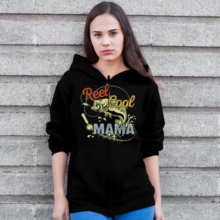 Retro Reel Cool Mama Fishing Lover Women Zip Hoodie Casual Graphic Zip Up Hooded Sweatshirt