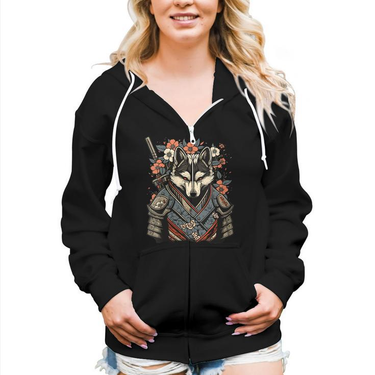 Japanese Samurai Wolf Tattoo Vintage Kawaii Ninja Women Zip Hoodie Casual Graphic Zip Up Hooded Sweatshirt
