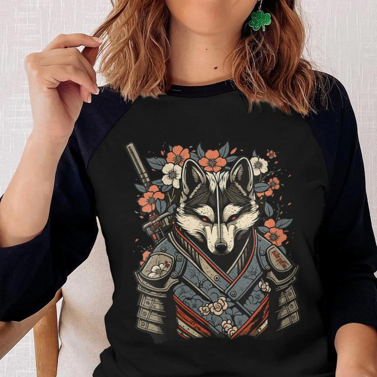 Japanese Samurai Wolf Tattoo Vintage Kawaii Ninja Gift For Womens Gift For Women Women Baseball Tee Raglan Graphic Shirt