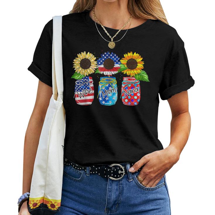 Mason Jar Sunflower Wife Mom Nana Usa Flag 4Th Of July Women T-shirt