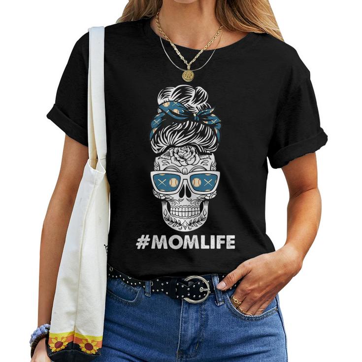 Baseball Mom Life Dia De Los Muertos Messy Bun Sugar Skull Women T-shirt