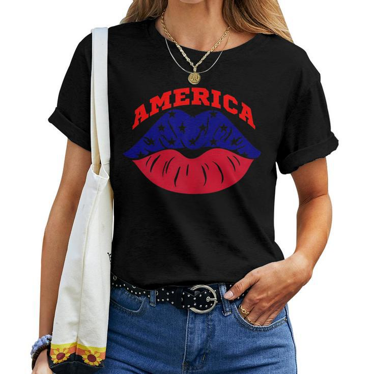 4Th Of July Top Lips American Flag Women T-shirt