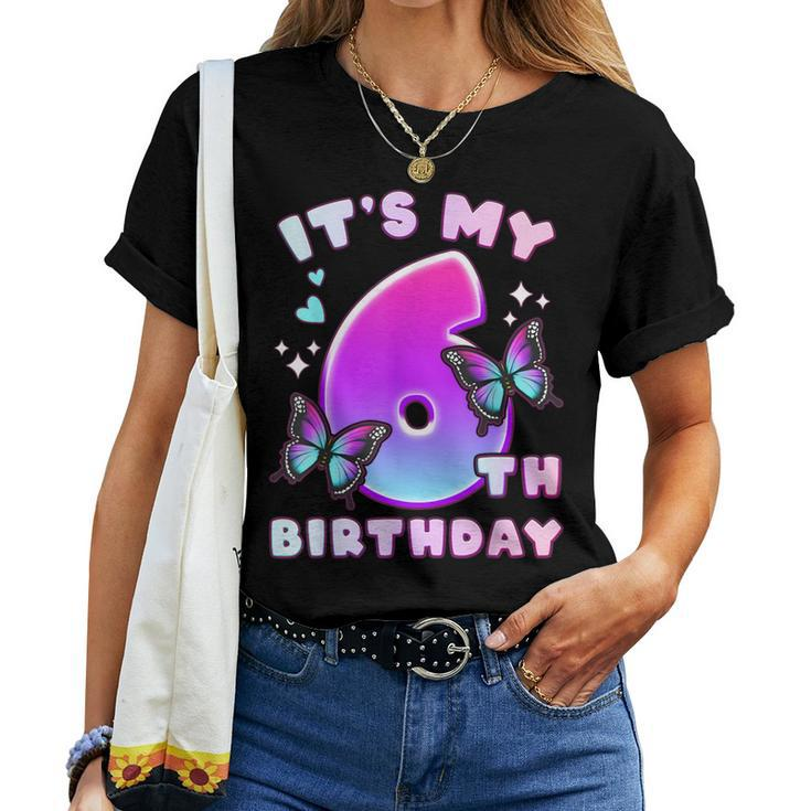 6Th Birthday Girl 6 Years Butterflies And Number 6 Women T-shirt