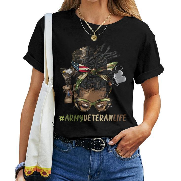 African Afro Messy Bun Loc Army Veteran Soldier Mother Wife Women T-shirt