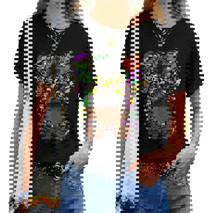 Afro Messy Bun Happy Mardi Gras Black Women Carnival Women T-shirt