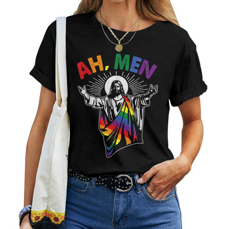 Ah Men Lgbt Gay Pride Jesus Rainbow Flag Christian Short Women T-shirt