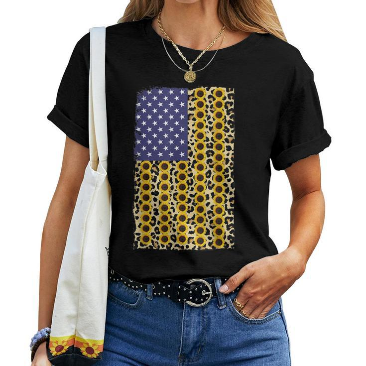 American Flag Leopard Sunflower 4Th Of July Women T-shirt