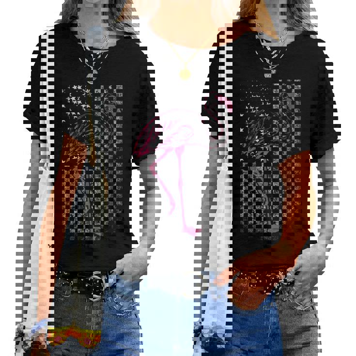 American Flag Pink Flamingo Patriotic 4Th Of July Usa Flag Patriotic Women T-shirt