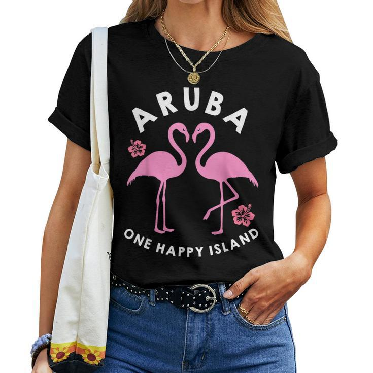 Aruba One Happy Island Flamingo And Flowers  Women T-shirt Short Sleeve Graphic