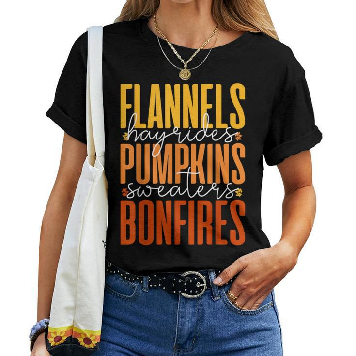 Autumn Fall Flannels Hayrides Pumpkins Sweaters Bonfires Women T-shirt