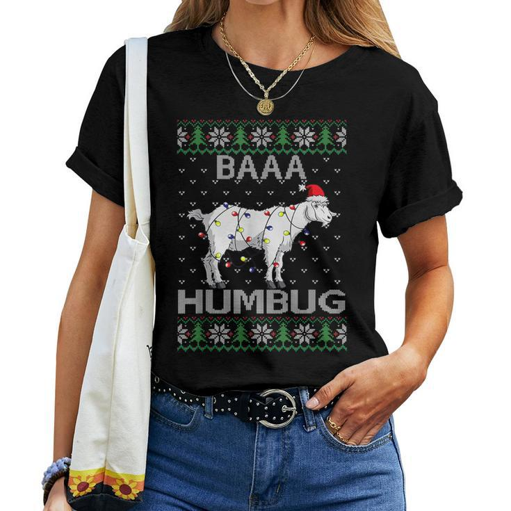Baaa Humbug Goat Santa Hat Christmas Lights Ugly Sweater Women T-shirt
