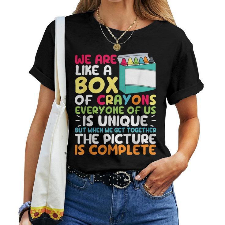 Back To School Teacher We Are Like A Box Of Crayons Student Women T-shirt