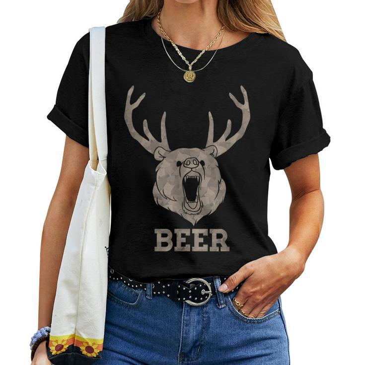 Bear Deer Beer Drinking Camo Antlers Hunting Camping Women T-shirt