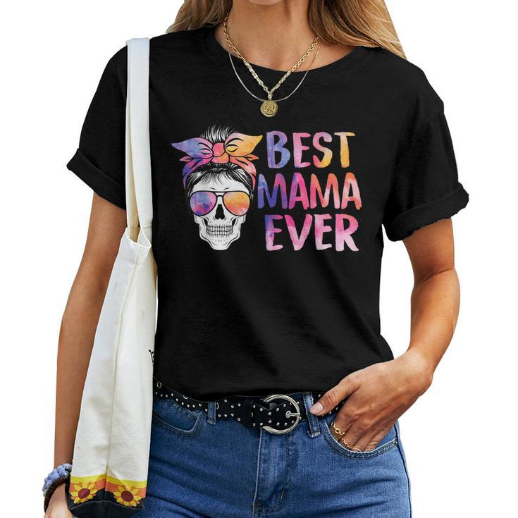 Best Mama Ever Skull Messy Bun Hair Tie Dye Mom Women T-shirt