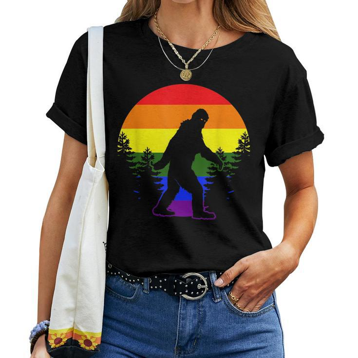 Bigfoot In Forest Lgbt-Q Gay Pride Rainbow Flag Color Ally Women T-shirt