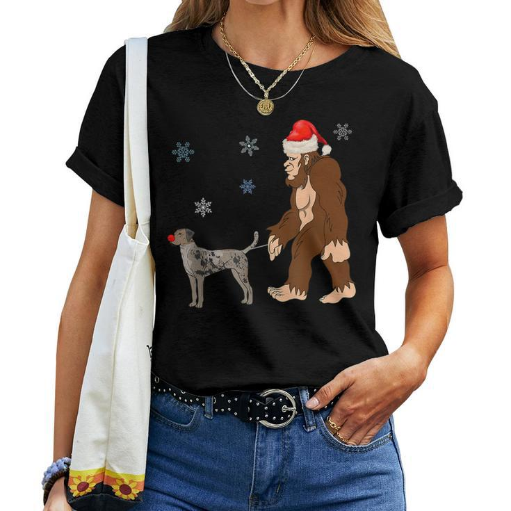 Bigfoot Santa Hat Walking Catahoula Leopard Dog Dog Red Nose Women T-shirt