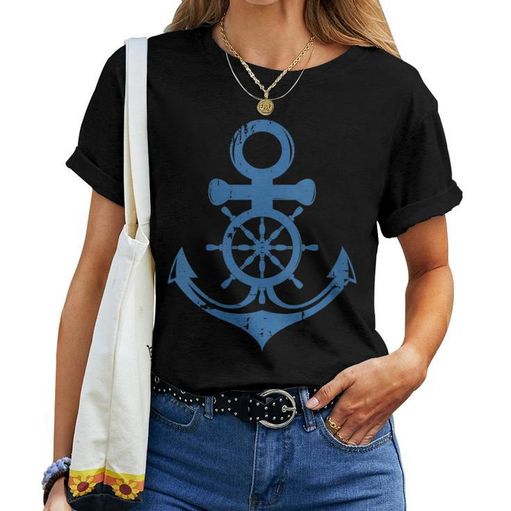 Blue Anchor And Ship Sring Wheel Maritime Sailor Nautical Women T-shirt