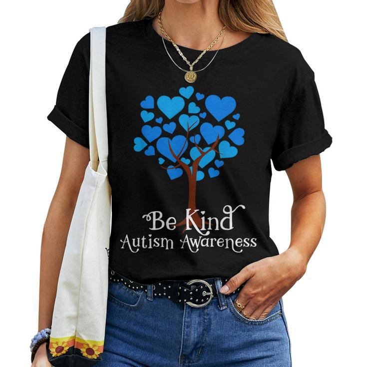 Blue Is For April Blue Hearts Tree Be Kind Autism Awareness Women T-shirt