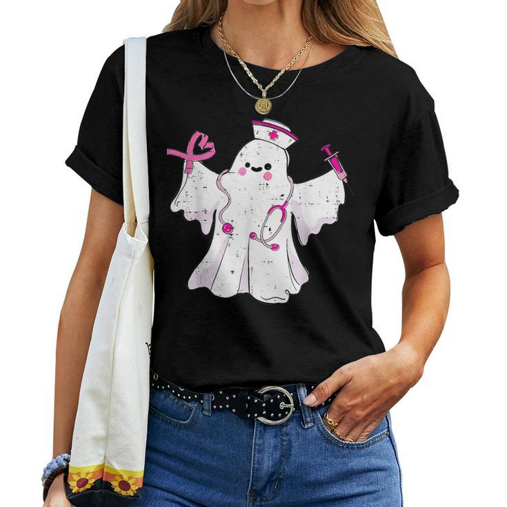 Boo Nurse Ghost Scrub Top Halloween Breast Cancer Awareness Women T-shirt