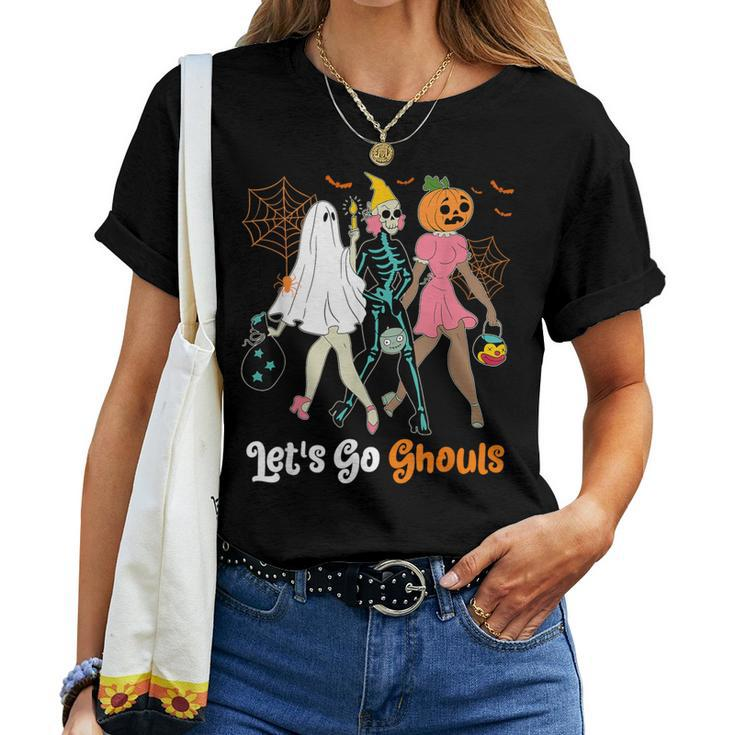 Boo Skeleton Let's Go Ghouls Halloween Costume Retro Groovy Women T-shirt