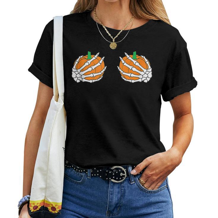Boob Pumpkin Skeleton Hand Halloween Costume Women T-shirt