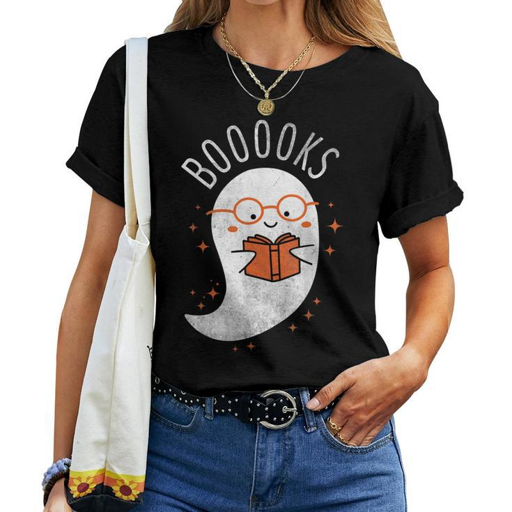 Booooks Ghost Funny Halloween Teacher Book Library Reading Gift For Women Women Crewneck Short T-shirt