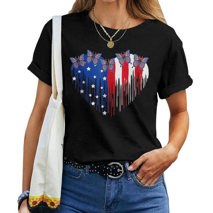 Butterfly Heart With Usa Flag Patriotic 4Th Of July Women T-shirt