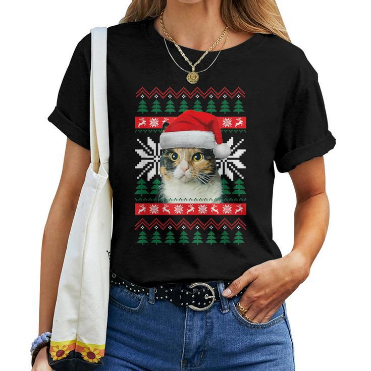 Calico Cat Ugly Christmas Sweater Style Santa Hat Kitty Mom Women T-shirt