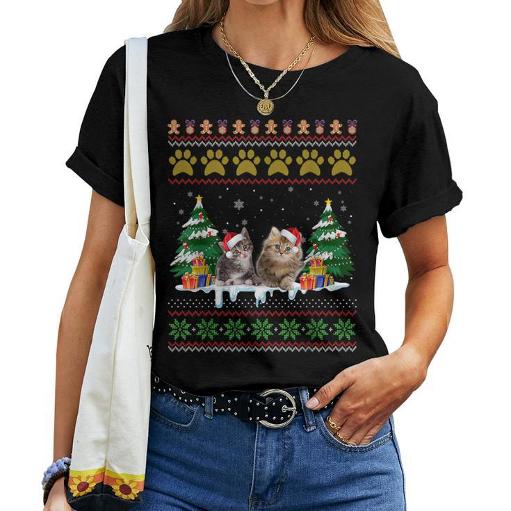 Cat Christmas Ugly Sweater Santa Hat For Cat Lover Women T-shirt