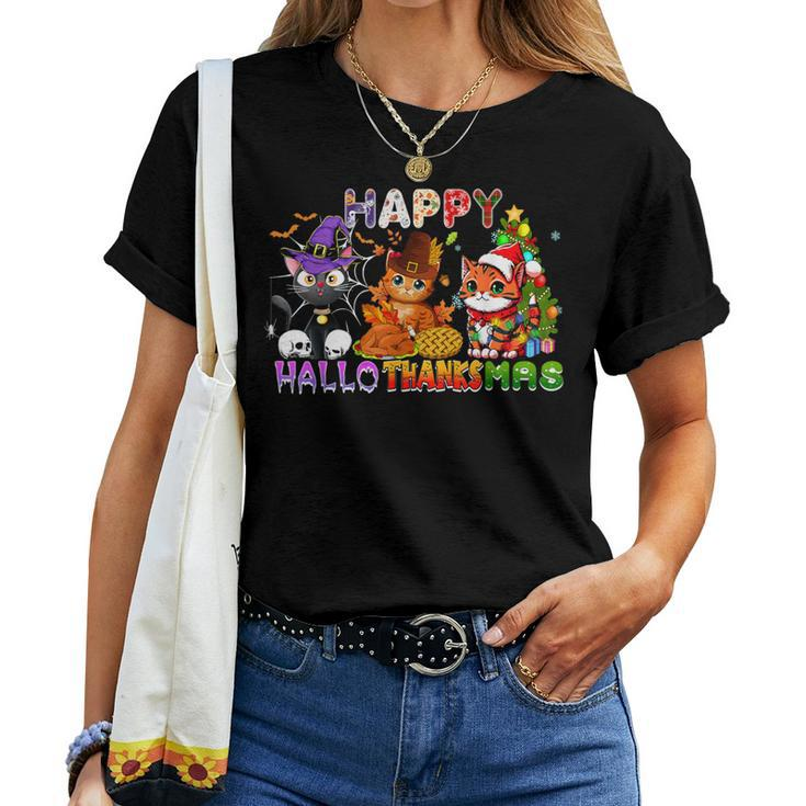 Cat Happy Hallothanksmas Halloween Thanksgiving Christmas Women T-shirt