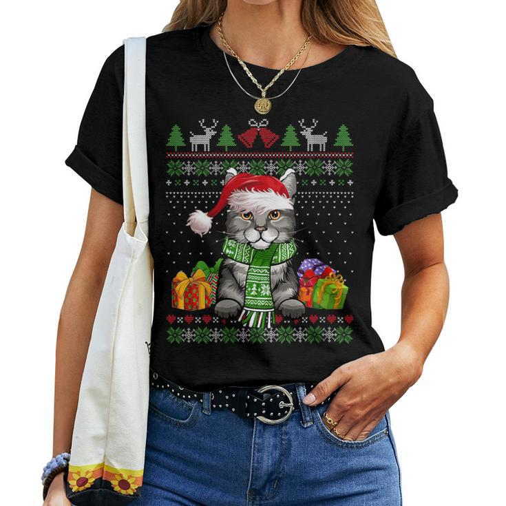 Cat Lover Cute Pixiebob Cat Santa Hat Ugly Christmas Sweater Women T-shirt
