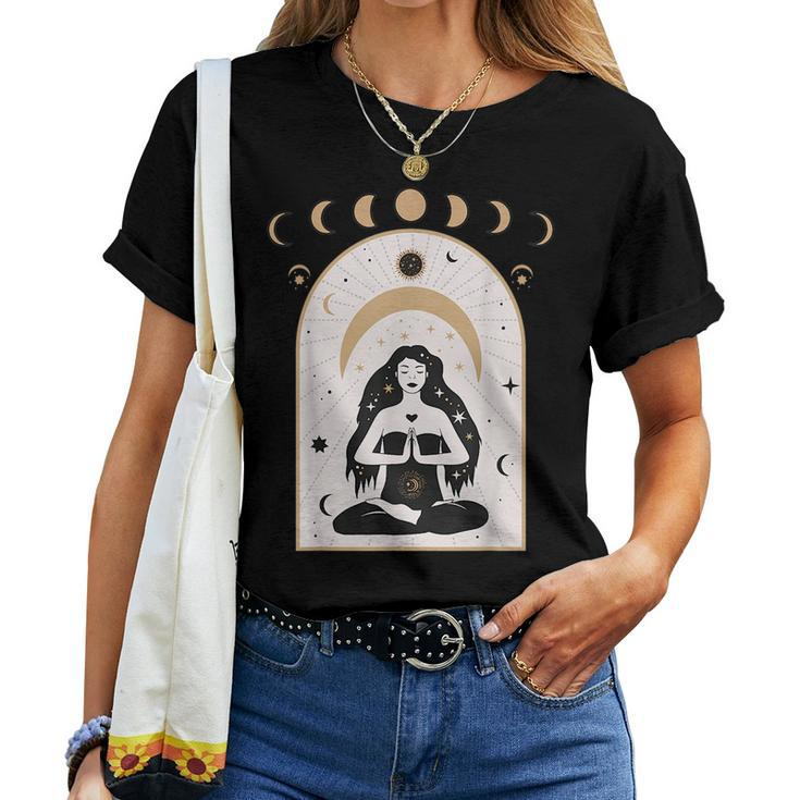 Celestial Moon Phases And Girl Meditation Boho Wicca Yoga Women T-shirt