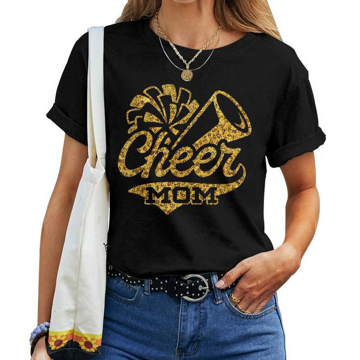 Cheer Mom Biggest Fan Cheerleader Black Yellow Gold Pom Pom Women T-shirt