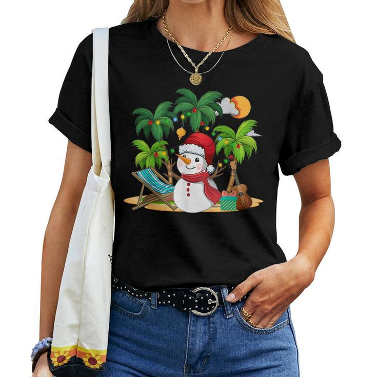 Christmas In July Snowman On Palm Tree Tropical Beach  Women T-shirt Short Sleeve Graphic