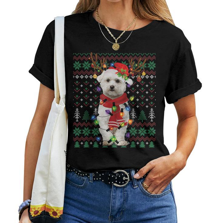 Christmas Lights Bichon Frise Reindeer Santa Ugly Sweater Women T-shirt