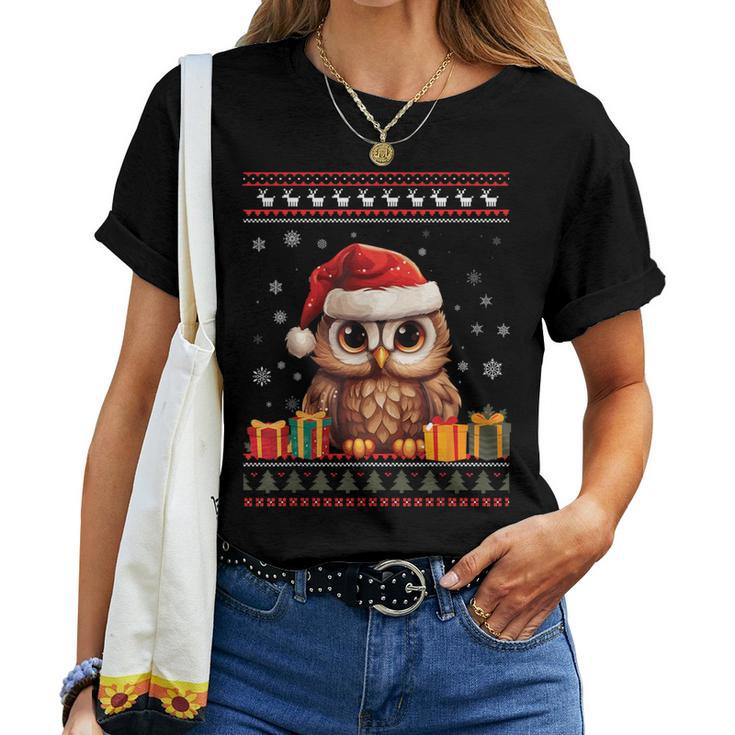 Christmas Owl Santa Hat Ugly Christmas Sweater Women T-shirt
