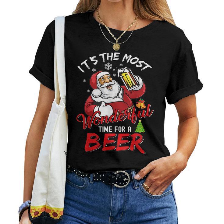 Christmas Santa Claus Drinking Beer Wonderful Time Drinking s Women T-shirt