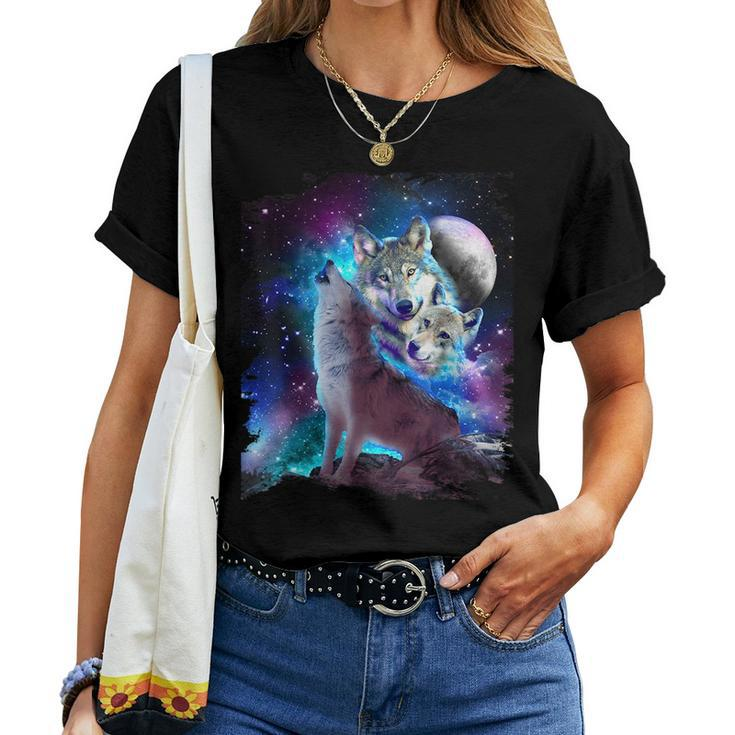 Cosmic Space Wolf Wolves Family Howling At Moon  Women T-shirt Crewneck Short Sleeve Graphic