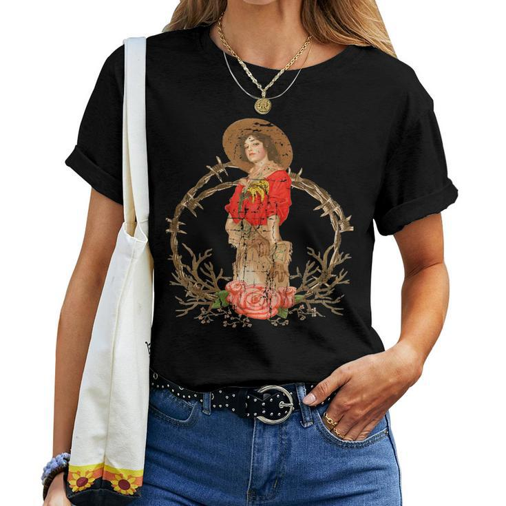Cowgirl Distressed Barbwire Roses Guns And Horses Women T-shirt