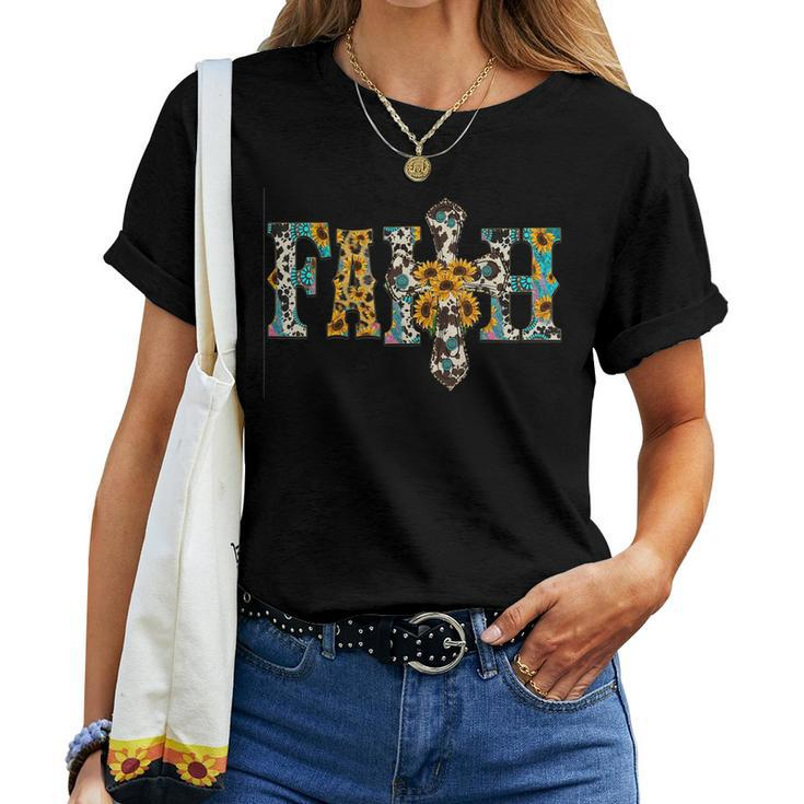 Cowhide Sunflowers Turquoise Faith Cross Jesus Cowgirl Rodeo Women T-shirt