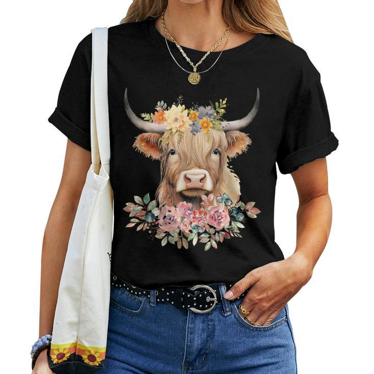 Cute Baby Highland Cow With Flowers Calf Animal Christmas Women T-shirt