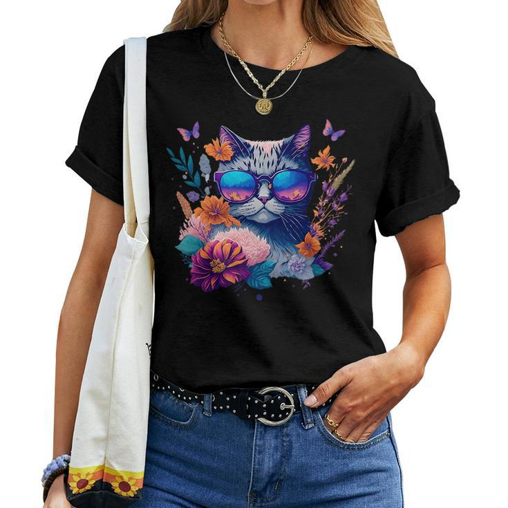Cute Cat With Sunglasses Flowers & Butterflies Women T-shirt